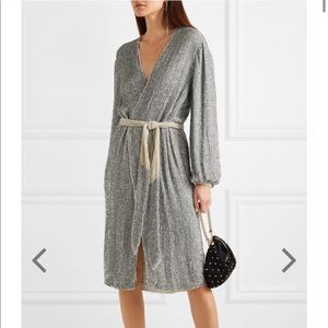 Retrofete | Audrey Velvet-Trimmed Silver Sequin Holiday Glam Wrap Robe Dress NWT
